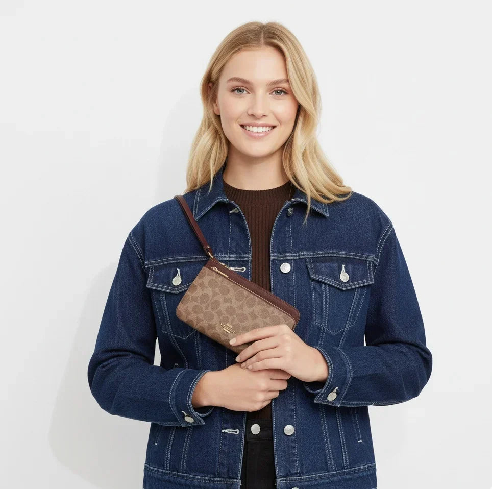 The Double Zip Wallet In Signature Canvas - Gold/Tan/Brown